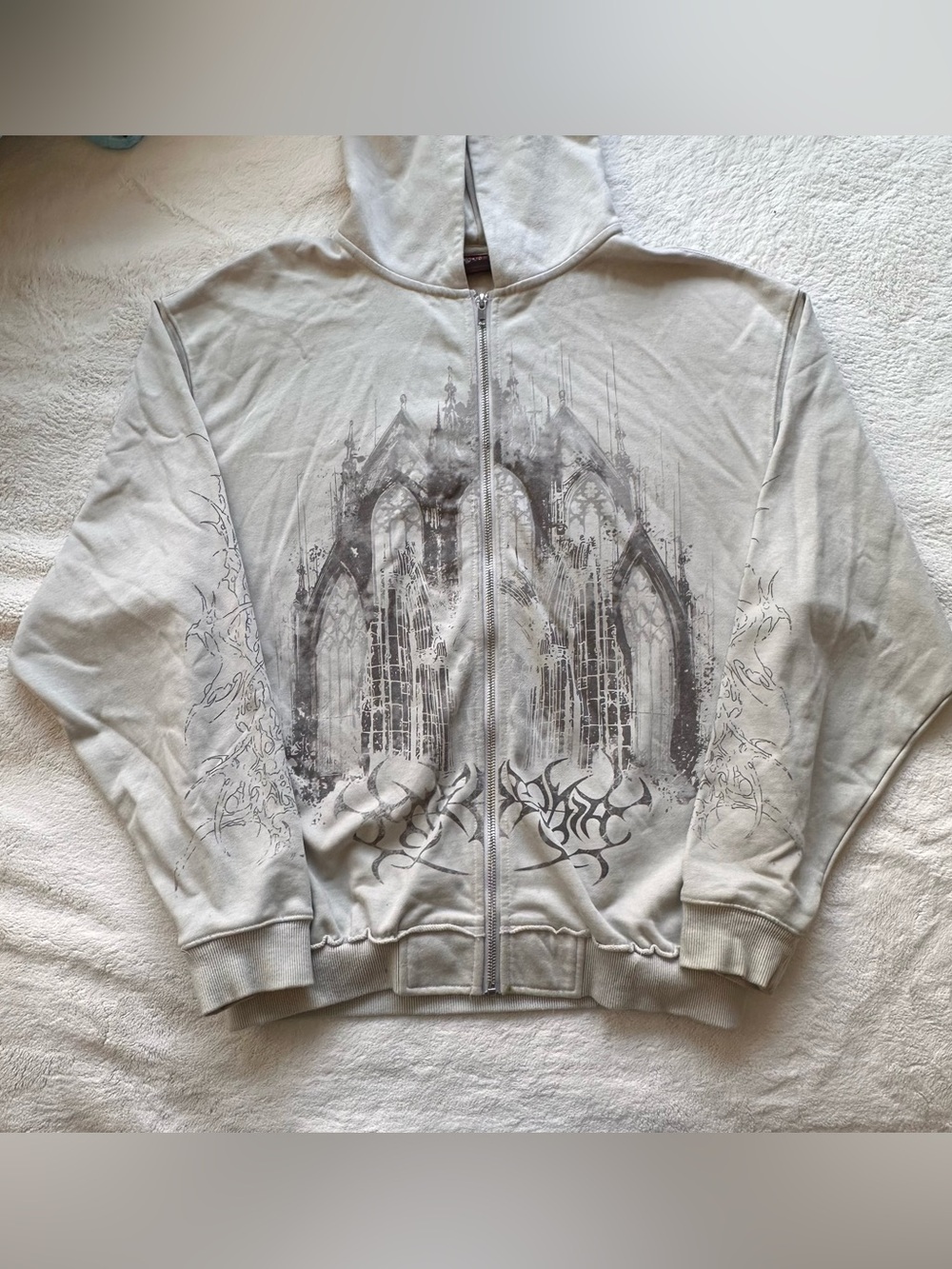 Light Gray Zip-Up Hoodie with Gothic Window Graphic